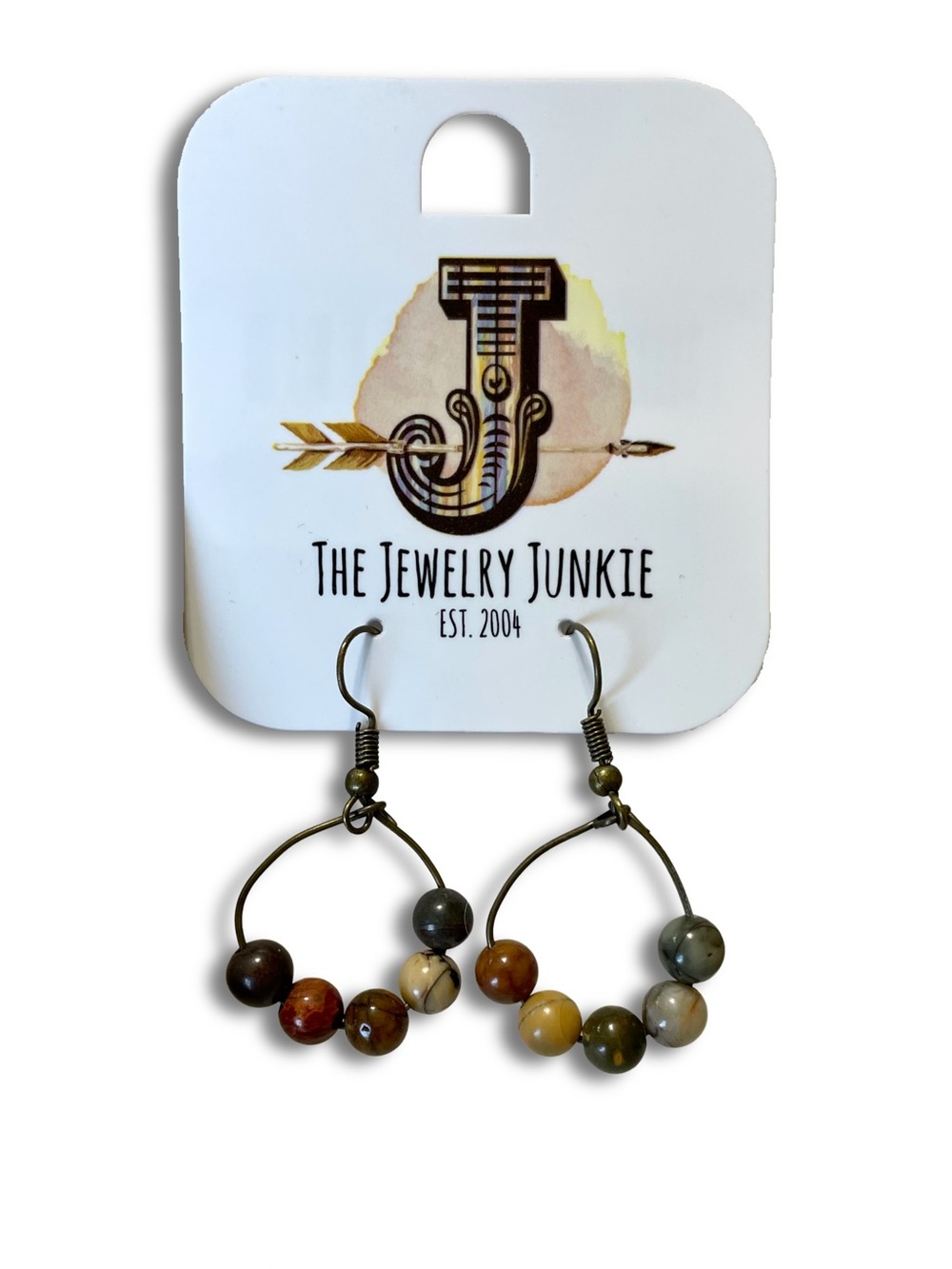Handcrafted Jasper Beaded Small Hoop Dangle Earrings Bronze Tone Boho Earthy NEW